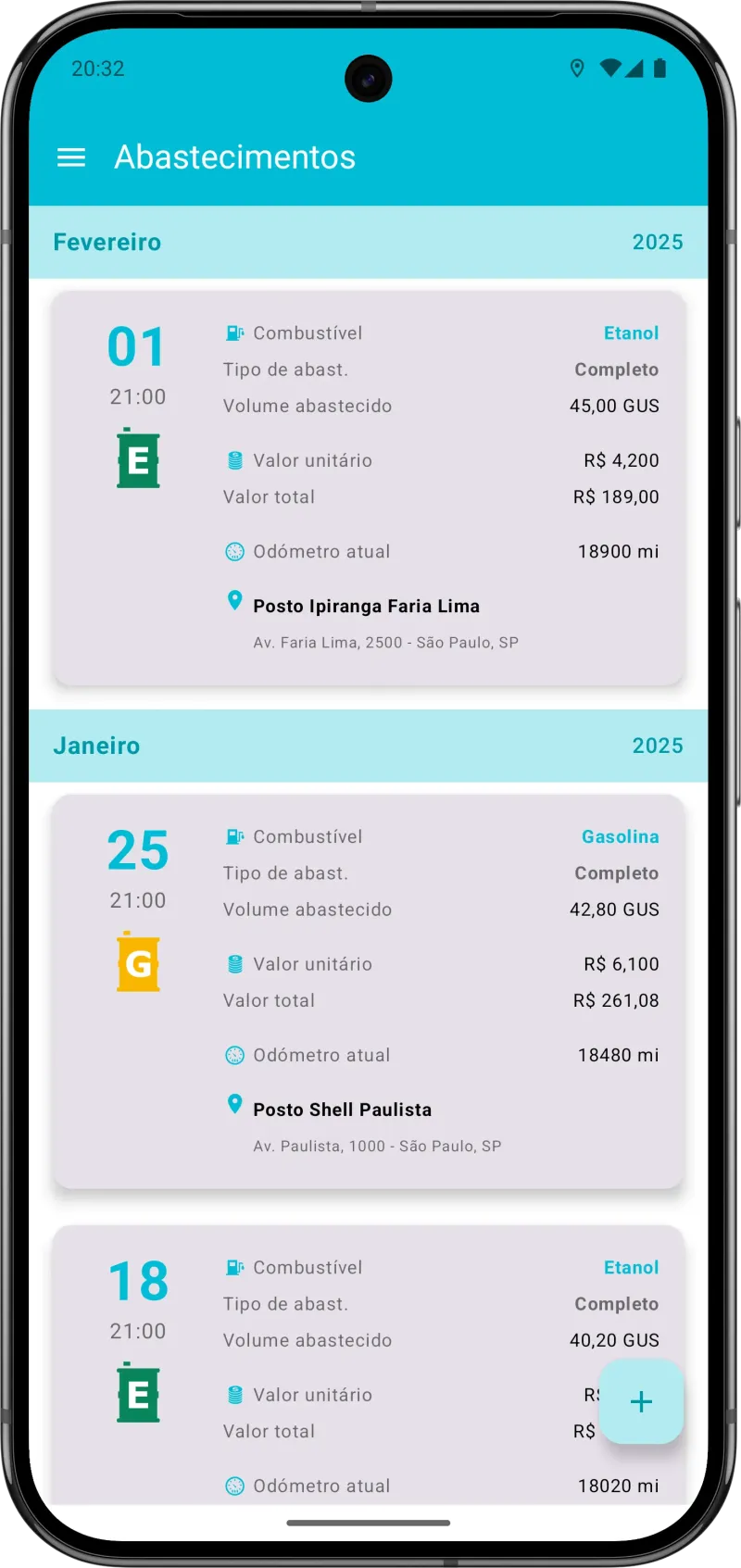 Tela de registro de abastecimento com calculadora flex etanol vs gasolina